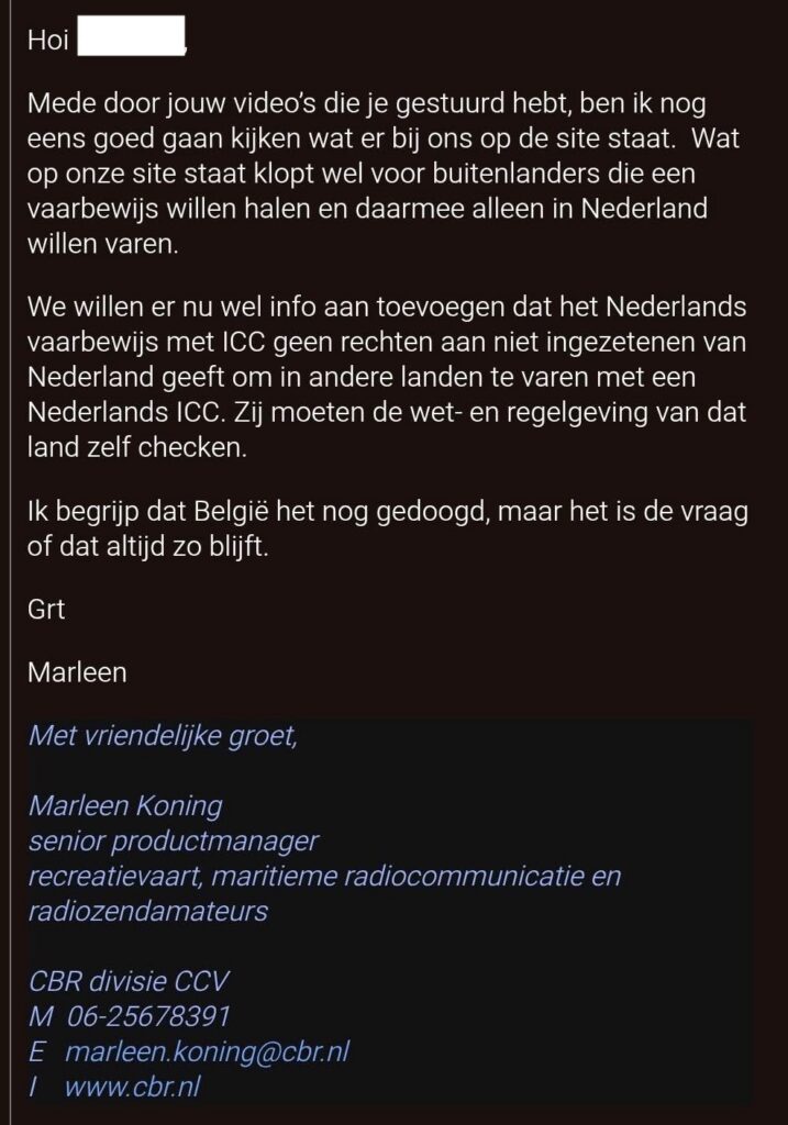 Dutch email from Marleen Koning discussing visa rules, ICC rights, and compliance, ending with contact details in the signature.