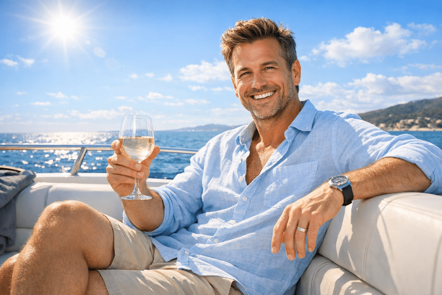 Smiling man in a light blue shirt relaxing on a yacht, holding a glass of white wine with the sea and coastline in the background.