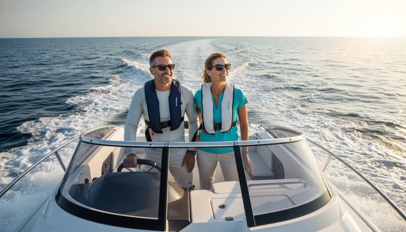 Two adults in life jackets stand at the helm of a white speedboat on open sea at sunset with calm water around them, smiling behind sunglasses.