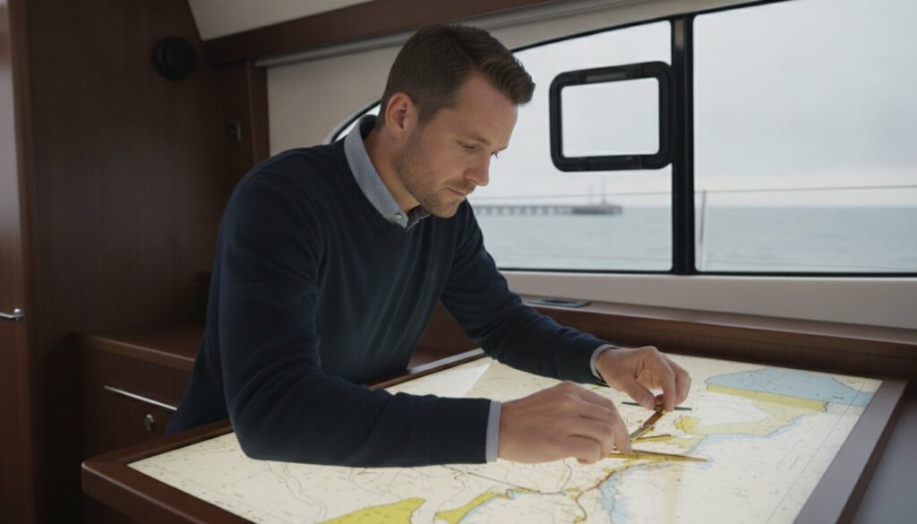 Man in a navy sweater studies a nautical chart at a chart table inside a boat, planning a route over the water view outside the window,