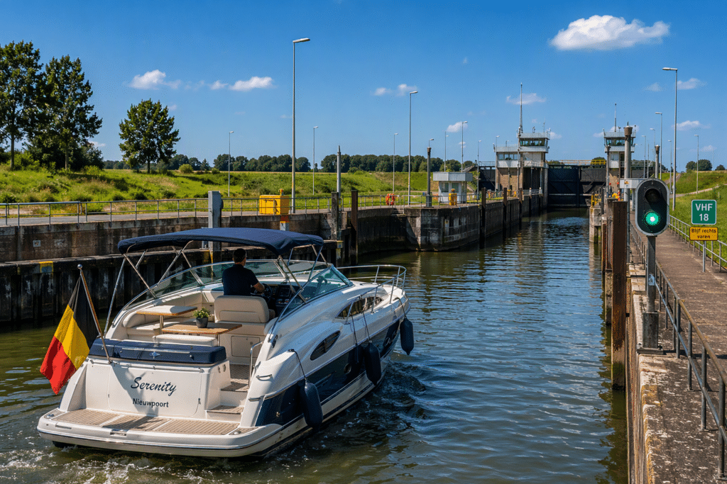 White motorboat Serenity Nieuwpoort entering a canal lock, Belgian flag at stern, captain at the helm on a sunny day.