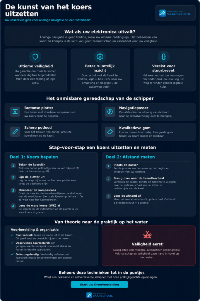 Nederlandse infographic over handmatige/navigationle methoden voor waterschipvaart; veelkleurige blokken met veiligheids- en planningspunten.