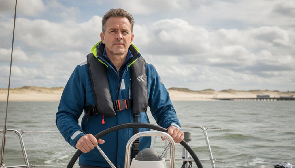 Man at the helm of a sailboat, wearing a blue jacket and life jacket, steering over water with dunes in the background.